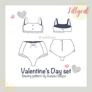 May include: A sewing pattern for a Valentine's Day set, featuring a bra and panty set with lace trim. The pattern is called "Valentine's Day set" and is by Rumple Designs.