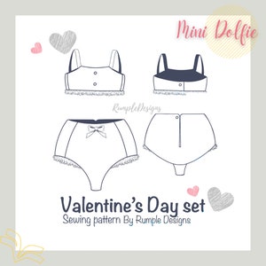 May include: A sewing pattern for a Valentine's Day set for a mini doll. The pattern includes a bra and panties with lace trim. The pattern is titled "Valentine's Day set Sewing pattern By Rumple Designs".
