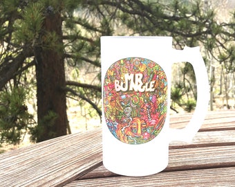 Mr.Bungle Beer Mug, 16oz Frosted Glass Stein with Mr. Bungle self titled vinyl on the front and MB logo on the back, Gift Box Available