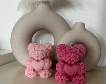 Ours roses - bougies en peluche - roses - amour - cadeau - idée cadeau - fleur - fait main - coeur - cire de colza - amitié