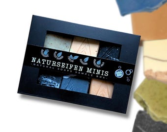 Zestaw próbek NATURAL SOAP | Mydła dla gości | Mydło w prezencie | Mydło pod prysznic + mydło do ciała z organicznymi olejami roślinnymi, bez oleju palmowego, wegańskie | Pudełko próbek