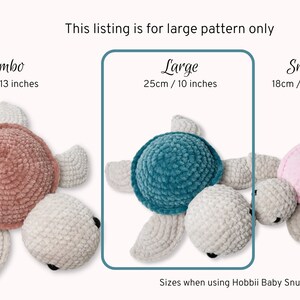 May include: Three crocheted turtle toys in different sizes: jumbo (32 cm / 13 inches), large (25 cm / 10 inches), and small (18 cm / 7 inches). The turtles are made with a soft, plush yarn and have a white shell and colored bodies.