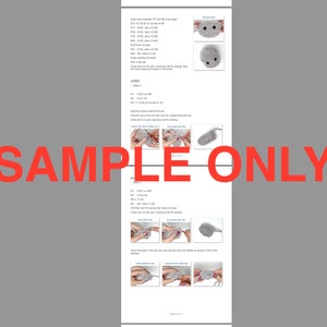 May include: Crochet pattern instructions for making a grey amigurumi mouse. The pattern includes instructions for the head, arms, and ears. The pattern also includes images of the finished product and how to sew the pieces together.