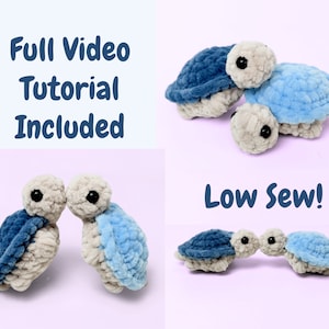 May include: Two crocheted turtle plushies, one blue and one beige, are facing each other with their heads touching. The turtles have black eyes and are made with a soft, fuzzy yarn. The text "Full Video Tutorial Included" and "Low Sew!" are visible in the image.