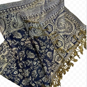Châle pashmina jamawar bleu, écharpes bleues, panwelo, écharpe double face, écharpe crème, cadeau pour Noël, cadeau d&#39;amis