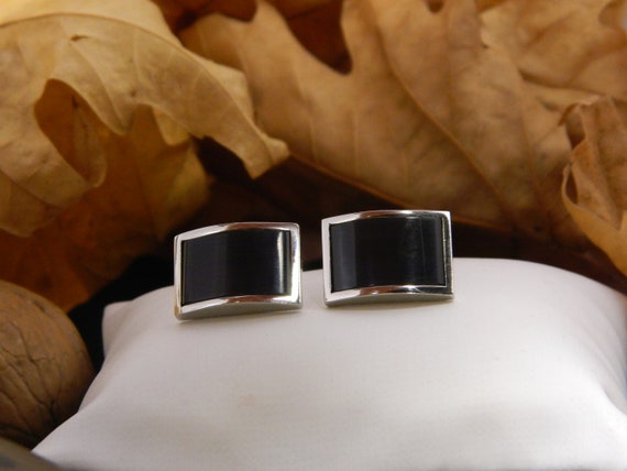 Black gemstone-cufflink steel handmade 1970s retr… - image 4