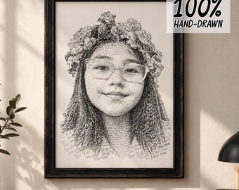 Personalized Word Art Portrait, Custom Name Portrait Drawing, Unique Handmade Gift for Mom, Wife, Girlfriend, Birthday Gift