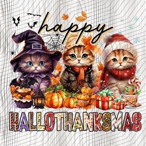 Happy Hallothanksmas,Cat Png, Happy Halloween, Thanksgiving,Christmas, Sublimation Design Downloads - PNG File #2