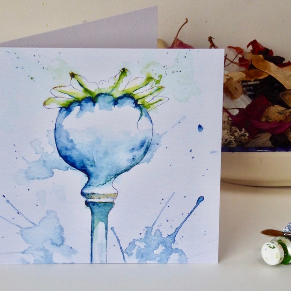 Poppy Seed Head Card / Floral Art Greeting Card / Watercolour Print  / Cottage Garden / Blank Inside / Card for Her / Summertime