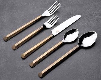 Yamazaki ESSENCE Stainless Steel Flatware Set – Gold Accent, Made In Japan (1994-1996), Used – Great Condition