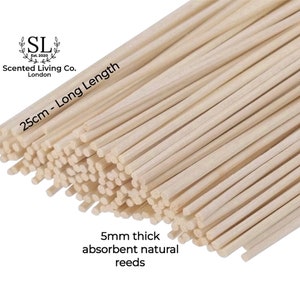 May include: A bundle of 25 cm long, 5 mm thick natural reed diffuser sticks. The sticks are made of absorbent wood and are ideal for diffusing essential oils.