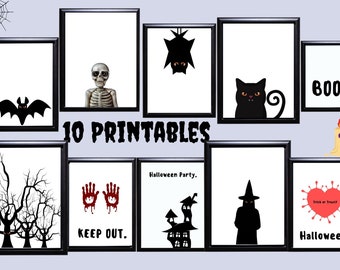 May include: A collection of ten framed Halloween-themed wall art prints featuring black and white illustrations of a skeleton, bats, a black cat, a haunted house, a witch, bare trees, bloody handprints, and text including BOO and Halloween.
