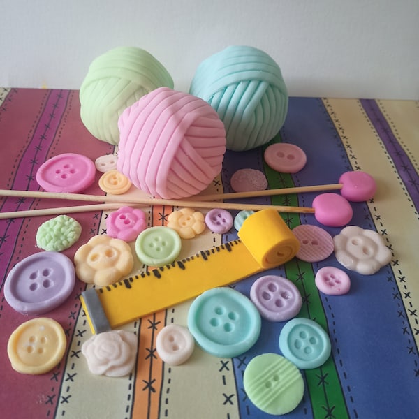 Wool balls knitting needles tape measure button cake Topper edible