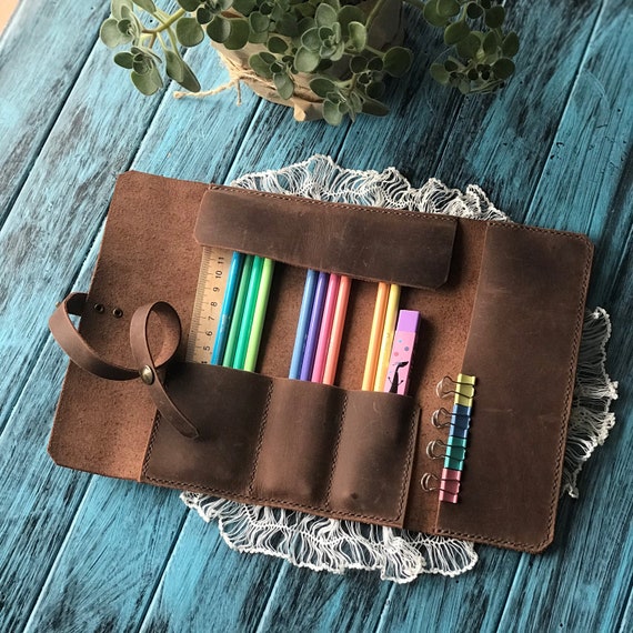Personalized Leather Pen Roll - Brown