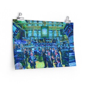 May include: A blue and green stylized painting of the New York Stock Exchange trading floor. The painting depicts a bustling scene with many people in suits and ties, standing around computer screens and talking. The word "NYSE" is visible in the background.