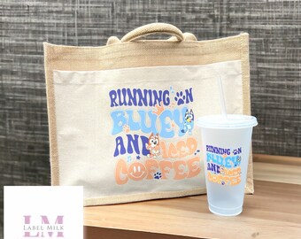 Bluey Bag Gift, Bluey Jute Bag, Bluey Tote, Starbucks Cups, Bluey Mum Bundle, Shopping Tote Bag, Mum Cup, Running On Bluey & Iced Coffee