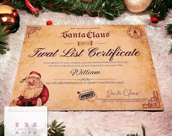 Personalised TWAT List Certificate - Rude Humour - Secret Santa Gifts - Gifts for Men Women - Rustic Swearing Gifts - Christmas Office Party