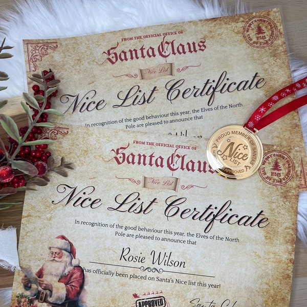 Personalised Nice List Certificate - Personalised Christmas Letter - Letter From Santa - Vintage North Pole - Bundle - Nice List Medal