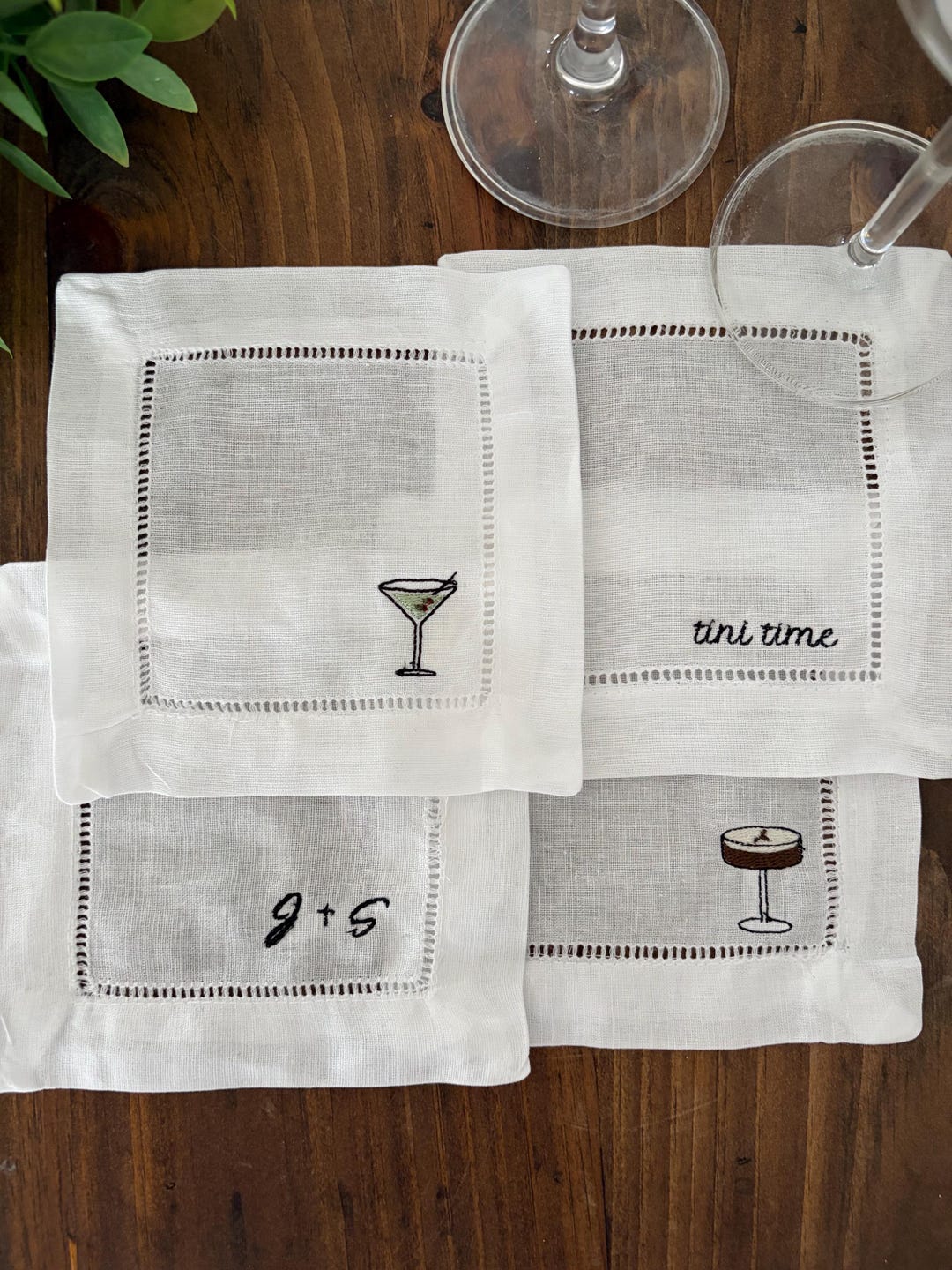 Custom Embroidered Linen Cocktail Napkins | Wedding, Host Gift, Bridal Shower Espresso Martini
