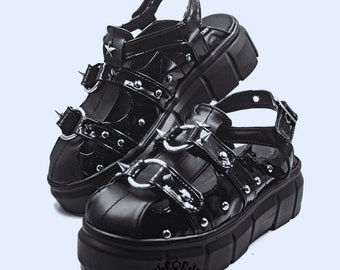 Star sandals | Vegan handmade chunky goth footwear,  handmade punk style shoes with spikes, bulky high platfotm slippers with rings