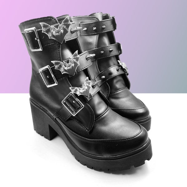 Rad Boots | Boots with removable bats, witchy shoes, biker boots, vegan heels, handmade chunky heeled boots