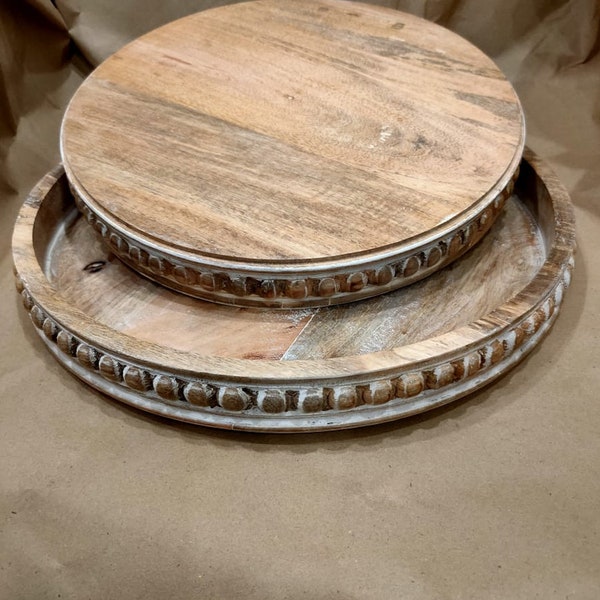 Wood Beaded Tray, Decorative Farmhouse Style Distressed Whitewashed Wooden Tray,Whitewashed Round Decorative Wood Tray Round wooden tray