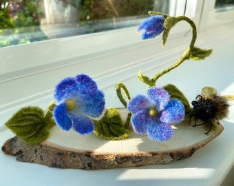Needle Felted Morning Glory (Convolvulacae) and Bumble Bee