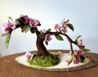Needle Felted Japanese style Blossom tree and Bumblebees