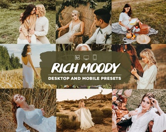 12 presets de rich Moody lightroom, presets de blogger, presets brillantes, presets cinematográficos coloridos, presets móviles, presets oscuros moody, presets moody