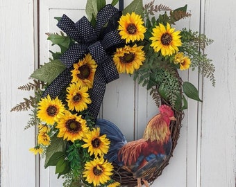 Summer front door wreath, Farm wreath, rooster wreath, sunflower wreath, everyday wreath, farm decor