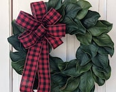 Magnolia Leaf Christmas wreath, front door Christmas wreath, Christmas decor, red and black checkered ribbon wreath