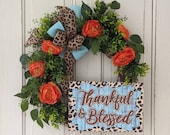 Everyday front door wreath, Fall wreath, leopard print wreath, Thanksgiving wreath, orange and blue wreath, autumn wreath
