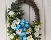 White gerbera daisy, white daisy wreath, daisy wreath, spring summer wreath, spring grapevine wreath for front door