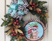 Front door Christmas wreath, Beach Santa, Fun Christmas