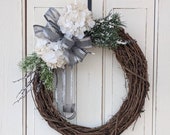 Winter front door wreath, white glitter hydrangeas, winter wreath