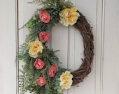 Summer front door wreath, spring wreath, everyday wreath, pink and ivory wreath, summer wreath