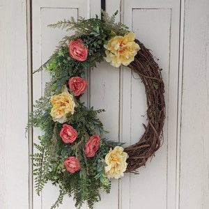 Summer front door wreath, spring wreath, everyday wreath, pink and ivory wreath, summer wreath