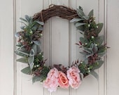 Spring wreath for front door, lambs ear wreath, pink flower wreath, farmhouse wreath, everyday wreath