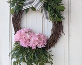 Summer front door wreath, pink hydrangea wreath, everyday wreath, spring summer wreath, mother's day gift,  spring decor, summer decor