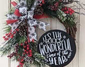 front door flocked Christmas wreath, winter wreath