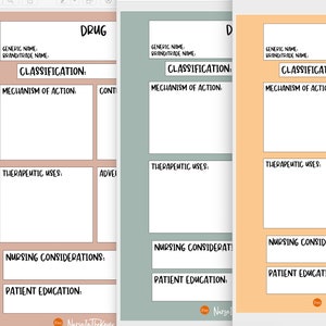 May include: Four printable drug study sheets with headings for generic name, brand name, classification, mechanism of action, therapeutic uses, nursing considerations, patient education, contraindications, and adverse effects.