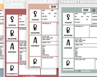 May include: Three printable SBAR charts in different colors: orange, red, and green. Each chart is divided into four sections labeled "S" for Situation, "B" for Background, "A" for Assessment, and "R" for Recommendation. The charts are designed for healthcare professionals to use when communicating patient information.
