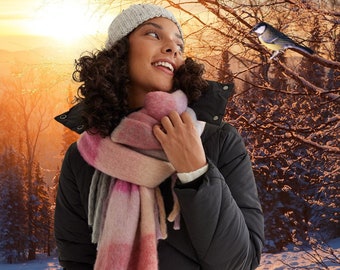 Bufanda gruesa de invierno de acrílico con estampado de cuadros extragrande y flecos lujosos