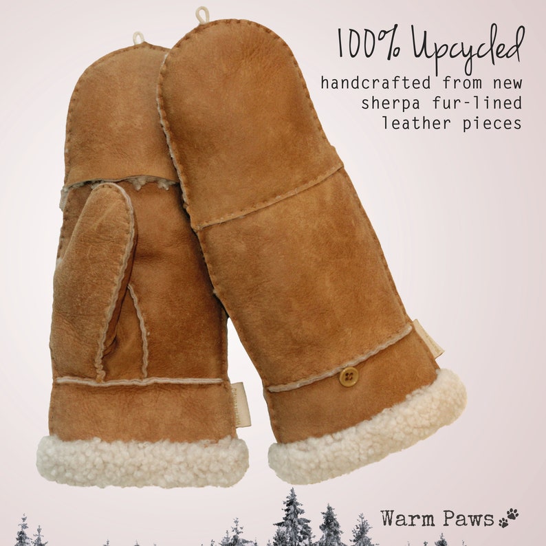 100% Upcycled fingerless winter mittens for women, convertible flip top fur sherpa & leather mitten, extra warm for cold weather brown image 5