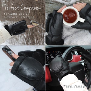 100% Vegan fingerless winter mittens for women, convertible flip top faux fur sherpa & leather mitten, extra warm for cold weather - black