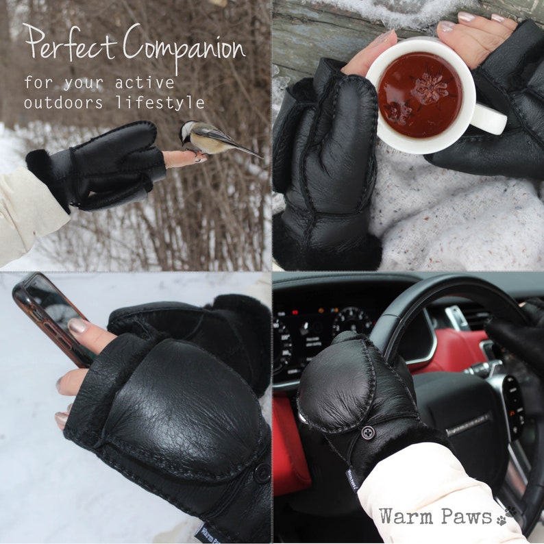 100% Vegan fingerless winter mittens for women, convertible flip top faux fur sherpa & leather mitten, extra warm for cold weather - black