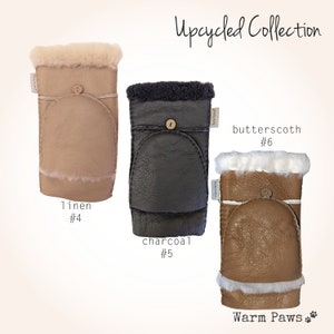 100% Upcycled fingerless winter mittens for women, convertible flip top fur sherpa & leather mitten, extra warm for cold weather brown image 3