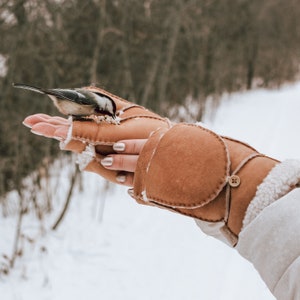 100% Upcycled fingerless winter mittens for women, convertible flip top fur sherpa & leather mitten, extra warm for cold weather brown image 1