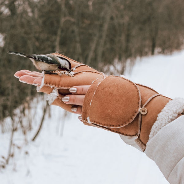 100% Upcycled fingerless winter mittens for women, convertible flip top fur sherpa & leather mitten, extra warm for cold weather brown