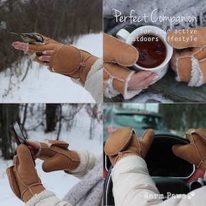 100% Vegan fingerless winter mittens for women, convertible flip top faux fur sherpa & leather mitten, extra warm for cold weather - brown camel
